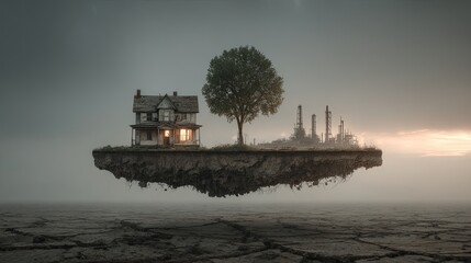 Obraz premium Floating island, house, tree, factory, desolate