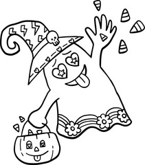 halloween cute cartoon. Cute ghost in a witch hat holding a pumpkin basket with candy corn