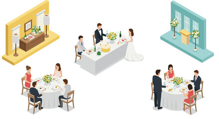 Elegant wedding reception with guests in isometric style