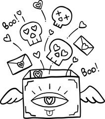 halloween cute cartoon. Black and white doodle of a winged box with hearts, skulls, and love letters. In groovy boho halloweeen doodle line graphic