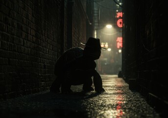 Tortoise in a Fedora Hat - Rainy Night Alleyway