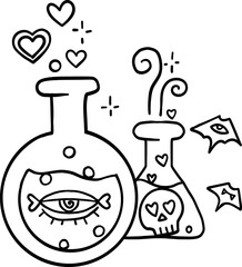 halloween cute cartoon. Two love potion flask with magical symbols and hearts floating above.