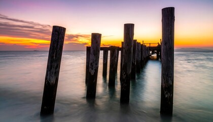 Sunset pier silhouettes on tranquil water