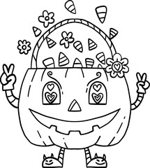 halloween cute cartoon. A smiling pumpkin basket filled with candy corn, decorated with flowers and peace signs.