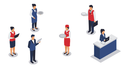Isometric hotel staff working together in uniforms