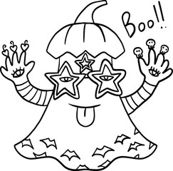 halloween cute cartoon. Cute Halloween ghost with pumpkin hat and star-shaped glasses saying 
