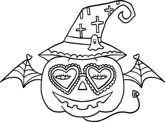 halloween cute cartoon. Halloween pumpkin with heart-shaped eyes, bat wings, and a witch hat