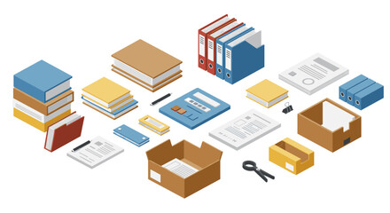 Isometric office supplies collection: organized files, boxes, and stationery