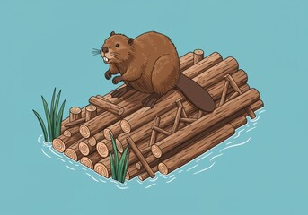 Beaver on a Log Raft A Charming Illustration