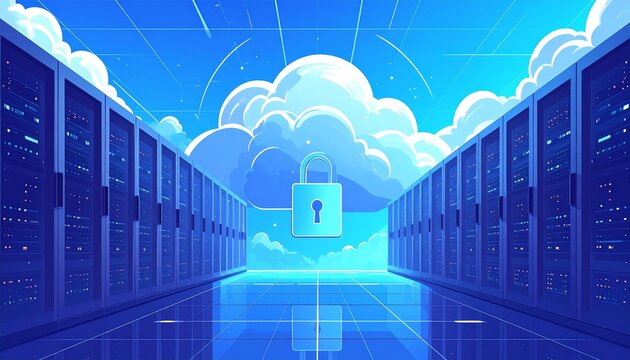 An illustration of a server room with a secure cloud icon and a padlock in the center, symbolizing reliable and protected cloud computing and data storage