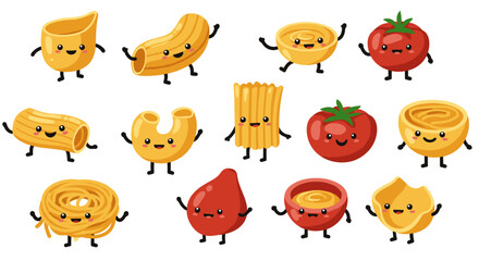 Cute cartoon pasta and tomato characters with smiling faces and playful expressions