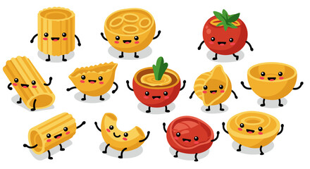 Cute cartoon pasta and vegetable characters with happy faces