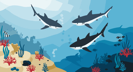 Underwater adventure with sharks: ocean ecosystem and marine wildlife exploration