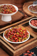 Spiced Peanuts Rice Beans Mix Traditional Fried Snack Food Five Spice Clove Seasoning Wooden Serving Bowls
