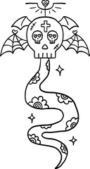 halloween cute cartoon. Line art of a skull with bat wings and a patterned snake tail, featuring hearts.