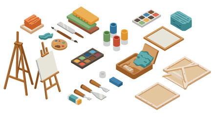 Isometric art supplies set featuring easel, paints, brushes, canvas, and palette for creative projects