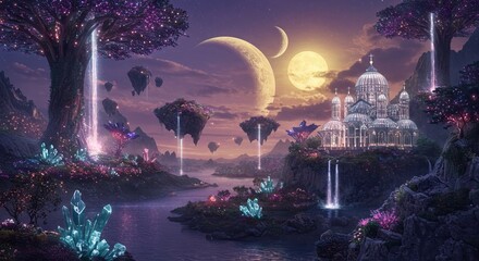 Fototapeta premium Fantasy landscape featuring glowing crystals floating islands a cathedral and a large tree with a light beam