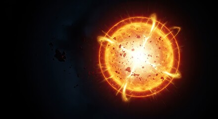 Obraz premium Fiery explosion with a bright core surrounded by glowing rings and debris against a dark background