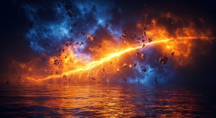 Fototapeta premium Fiery sky over reflective water with a streak of yellow lightning and floating debris