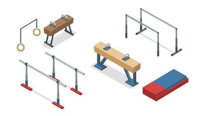 Isometric gymnastics equipment set featuring pommel horse, parallel bars, and rings