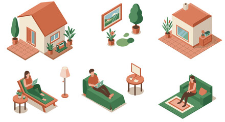 Cozy isometric home interiors with relaxing people and minimalist furniture