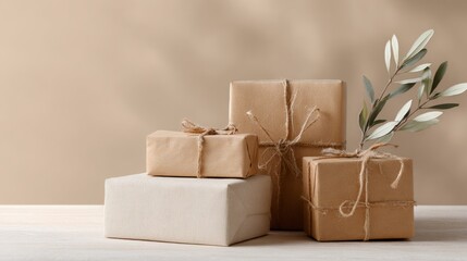 Eco-friendly gift packaging with kraft paper boxes and fabric elements on beige background