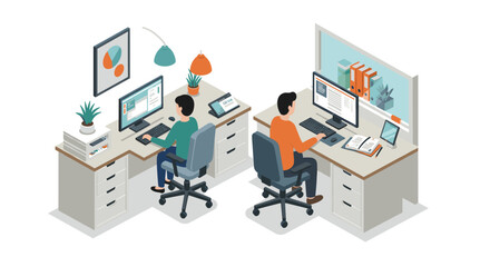 Modern office workspace with isometric design and two professionals at desks