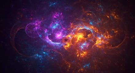 Swirling fractal abstract with purpleblue left and orangeyellow right against a dark backdrop