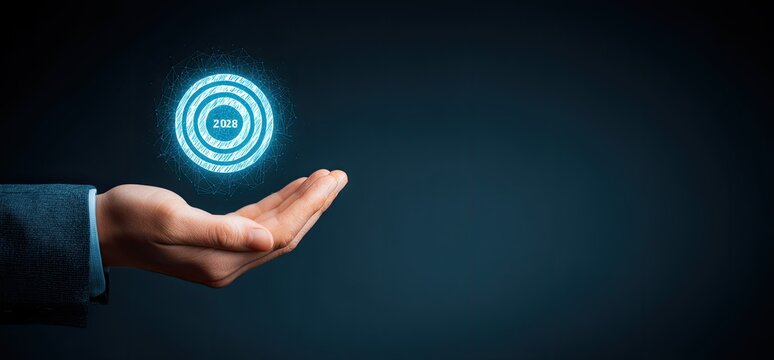 A hand holds a glowing, circular, digital graphic with concentric rings, floating in a dark background