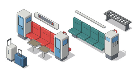 Obraz premium Isometric train interior elements with luggage and seating in modern public transport design