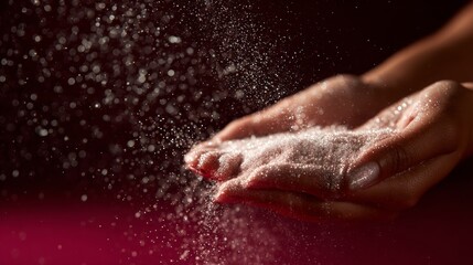 Fototapeta premium Hands rubbing flour in motion over red surface for cooking or baking process scene