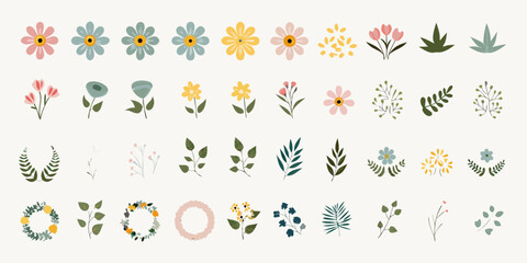 Collection of hand drawn floral elements and botanical illustrations in a soft color palette