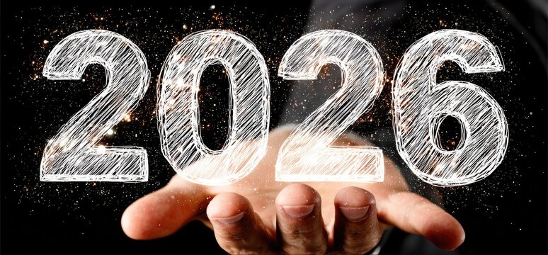 Hand holding the year 2026, drawn in white chalk-like strokes, against a dark background scattered with sparks - Powered by Adobe
