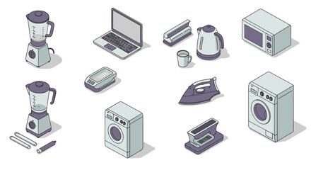 Isometric household appliances: modern home gadgets and electronics collection