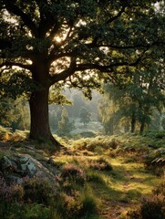 Sunlight streams through ancient oak, illuminating a path through a sun-drenched woodland
