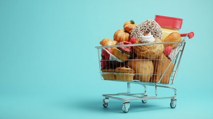 Mini shopping cart full of groceries on pastel background for healthy lifestyle nutrition advertising