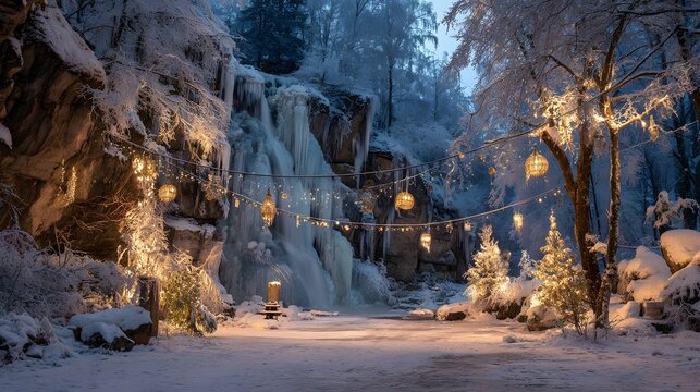 Frozen waterfall with glowing Christmas lights in snowy winter forest