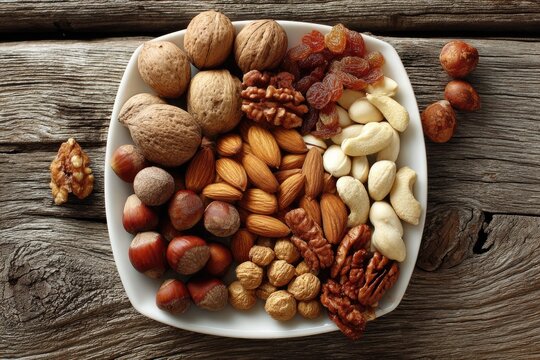 Assorted nuts and raisins on a white plate