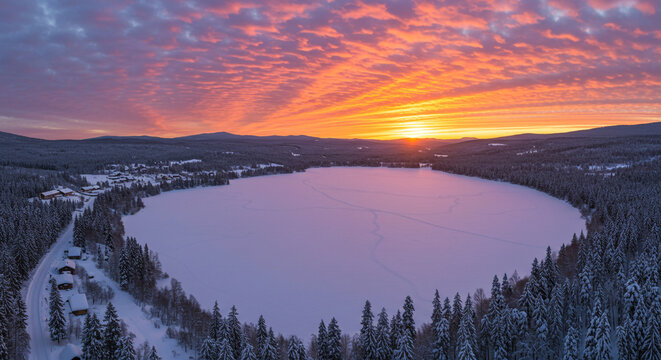 Stunning panoramic aerial view of a frozen lake surrounded by a snowy forest during a vibrant winter sunrise.