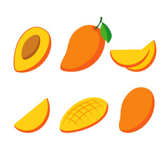 Collection of mango fruit illustrations in flat vector style. Whole mango, slices, cut pieces, seed, and half fruit isolated on white background. Bright tropical design element for food.