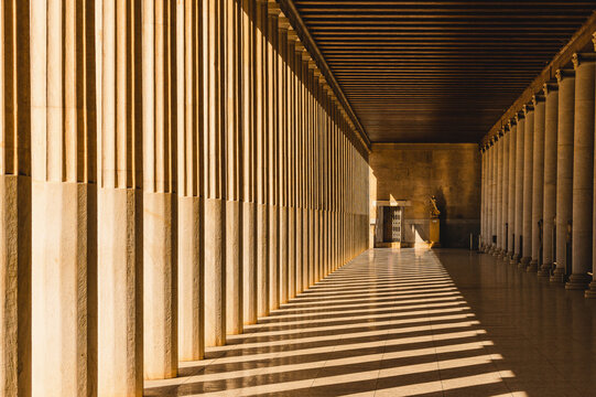 Colonnade with shadows inside Stoa of Attalos in Ancient Agora, Athens.