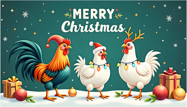Colorful cartoon chickens celebrating Christmas with decorations and gifts
