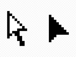Computer mouse cursor icons. Cursors containing pointer, arrow and hand symbol with pixelated form. Transparent vector illustration.
