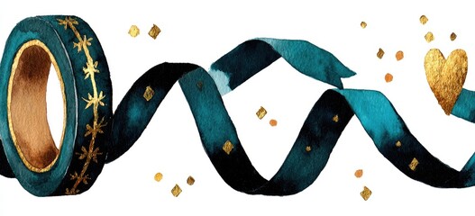 Obraz premium Teal ribbon with gold accents and confetti, a decorative tape with a swirly design