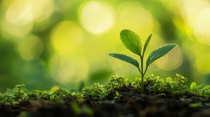 Green plant sprouting from soil with blurred nature background symbolizing growth and sustainability