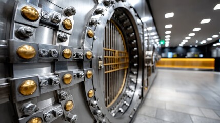 Obraz premium Open steel bank vault in secure financial corridor with lighting and protective systems