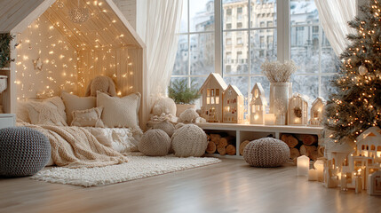 Christmas tree and string lights are creating a cozy and festive atmosphere in a Scandinavian style kids bedroom with neutral pastel colors, wooden furniture and decorative houses