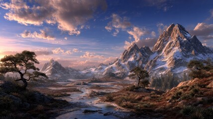 Obraz premium Majestic mountain view with dramatic sky at sunrise. Neural network AI generated