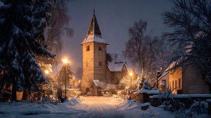 Medieval stone church tower illuminated in snowy winter village at night