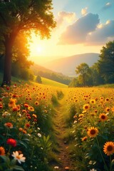 Golden hour sunlight bathes a vibrant landscape in warm, summery hues  Perfect for travel, vacation, and summer-themed projects  Enjoy the idyllic scene!, nature, horizon
